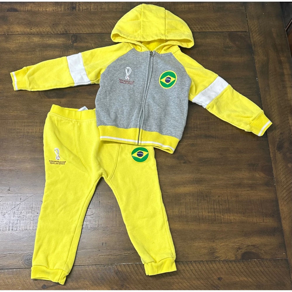FIFA World Cup 2022 Brazil Kids Tracksuit Hoodie & Joggers Set Yellow Grey 3T